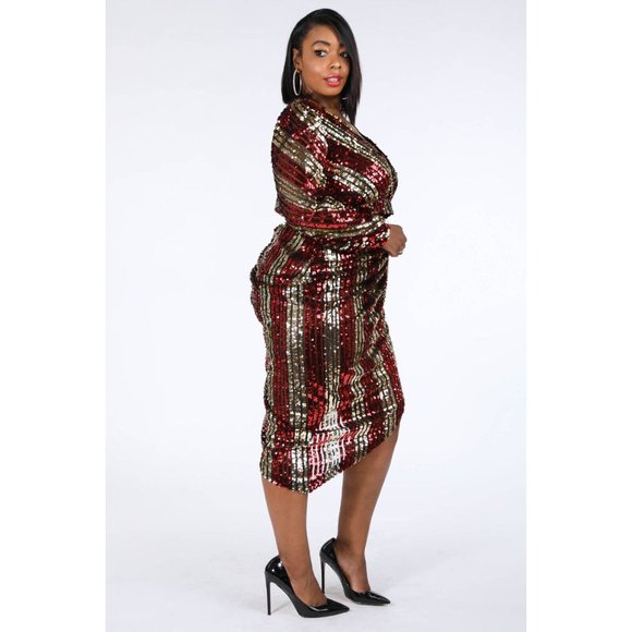 Women's Deep V-Neck Multicolor Casual Long Sleeve Stripe Sequin Two-Piece Sets - Picture 5 of 10